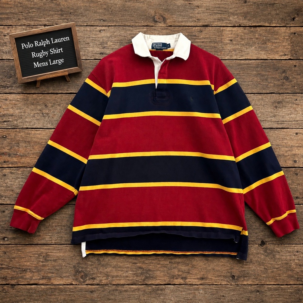 Polo Ralph Lauren Mens Large Rugby Shirt Red Navy Yellow Striped Long Sleeve